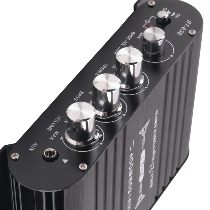 ST-838 HIFI Amplifier 2.1 Channel Car MP3 Mini Amp AUX Input High and Low Bass Adjustment Super Bass 20Wx2+40W Amplifier Easy Install Easy to Use. 