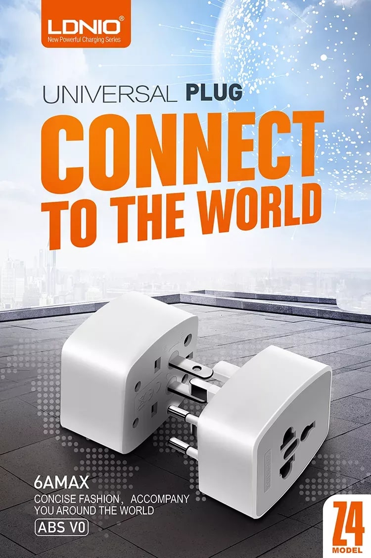 LDNIO Z4 Universal Plug Adapter ABS VO with UK/EU/US/AU Pin & 2 Universal Socket (6A)- Black