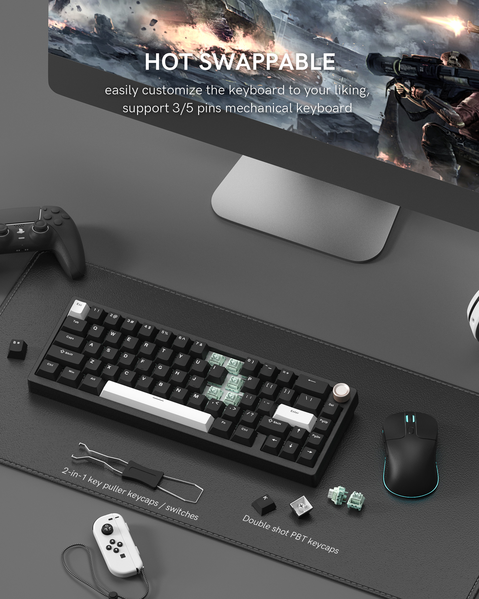 Womier SK65 65% Tri-Mode Aluminum Alloy Shell Black Hot Swap Gaming Mechanical Keyboard RGB Wireless Gasket Mounted Keyboard. 