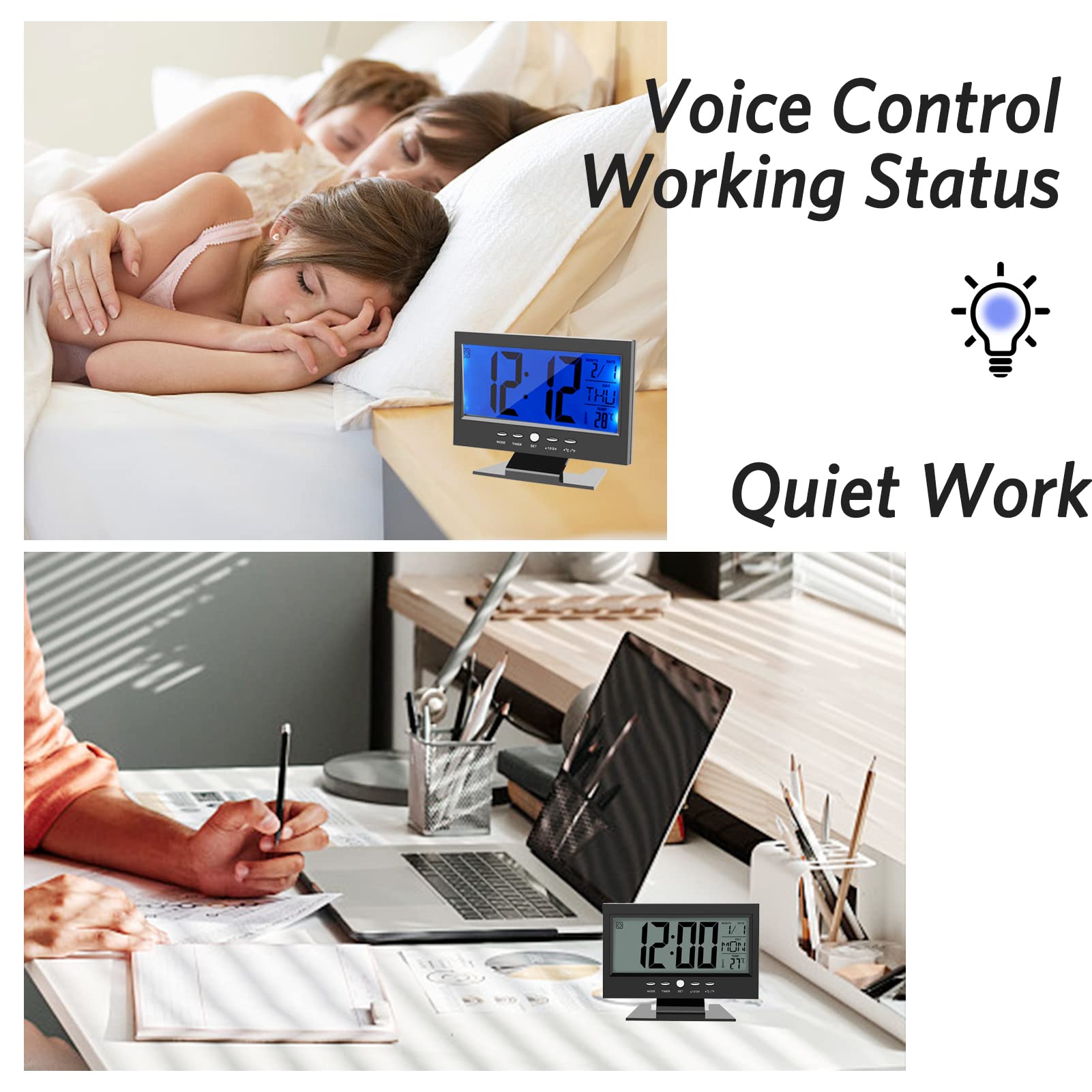 Voice Control Back-Light LCD Table Clock with Alarm. 