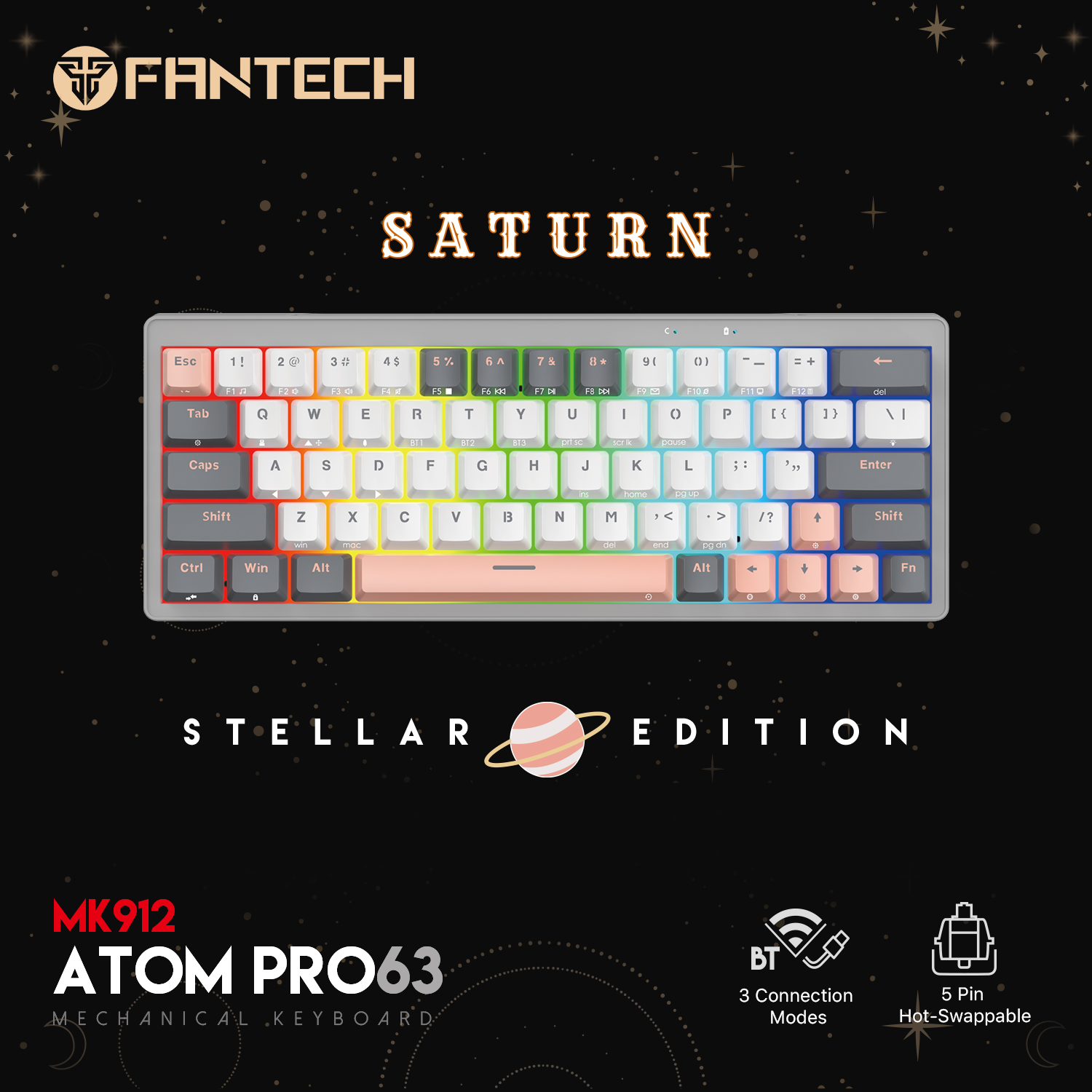 FANTECH MK912 ATOM PRO63 RGB Mechanical Gaming Keyboard Mercury Black & Saturn Grey Layout Red Switch & Blue Switch. 