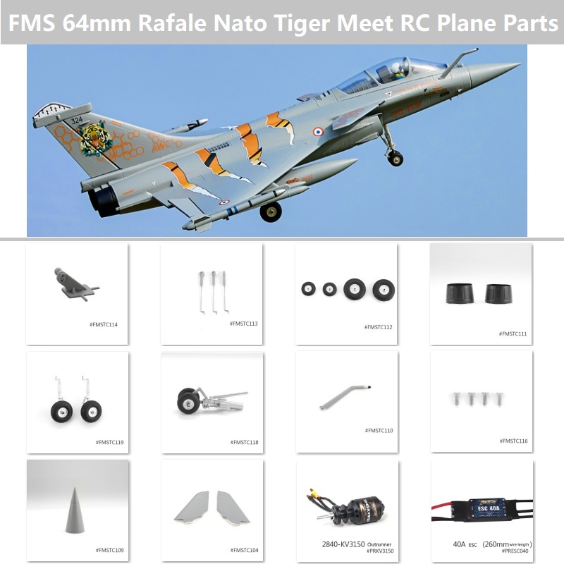 FMS 64mm Rafale RC Plane Spare Part Landing Gear Nose Cone Canard Wheel Set Pushrods 3840-KV3150 Motor