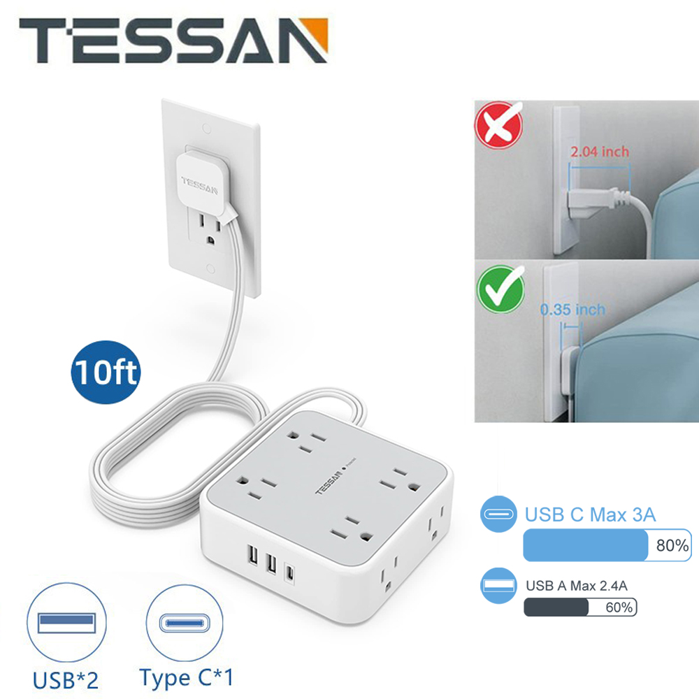 TESSAN 5 ft/10 ft Flat Extension Cord Flat Plug Power Strip with 8 AC Outlets 3 USB (1 USB C), Surge Protector Power Strip