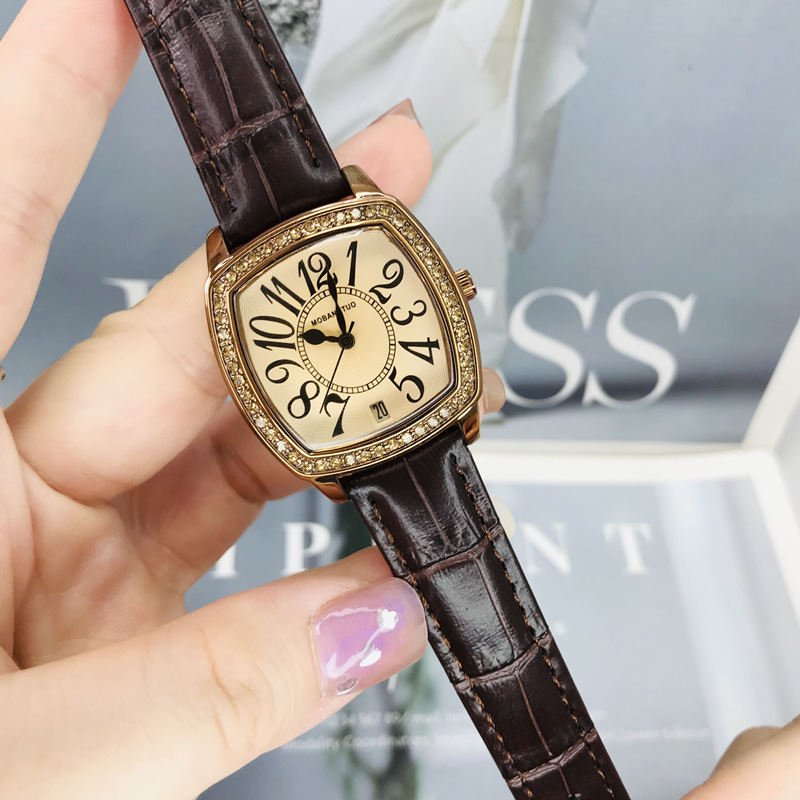 New Women's Square Watch Digital Scale with Date Small Square Watch Retro Coffee Color Belt Waterproof Fashion Women's Watch