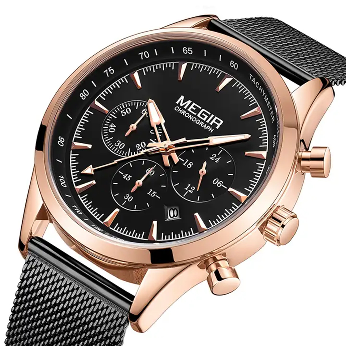 MEGIR WATCH MS2153 for Men (Rose gold case and black mesh band). 