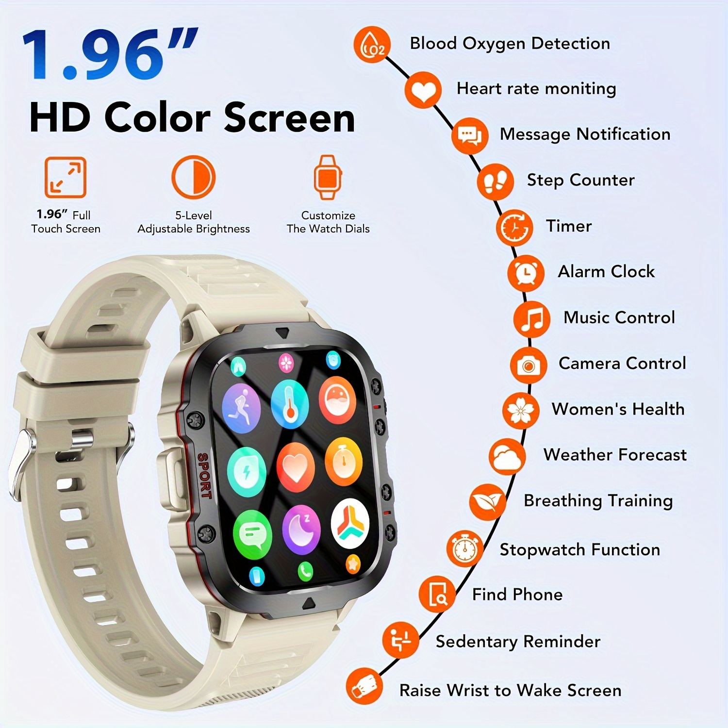Synwoo Square Smartwatch – Touch Call and Text, Heart/Sleep Tracking, 100+ Sports Modes, 30m Waterproof, iOS/Android Compatible. 