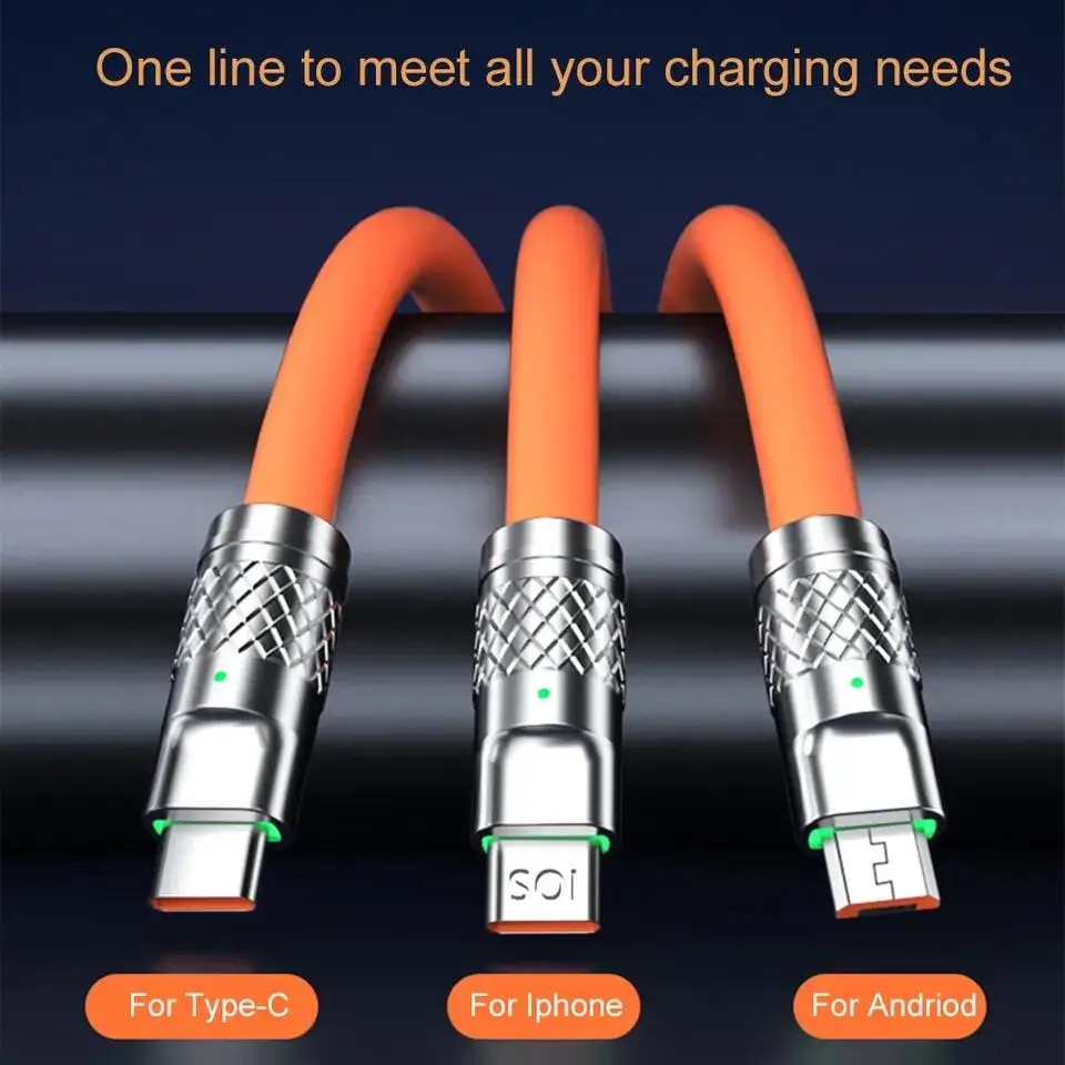Original Zinc Alloy 3 In 1 120W 6A Super Fast Charging Cable Liquid Silicone Fast Charging Data Cable For Micro USB Type-C Iphone With Indication Light. 