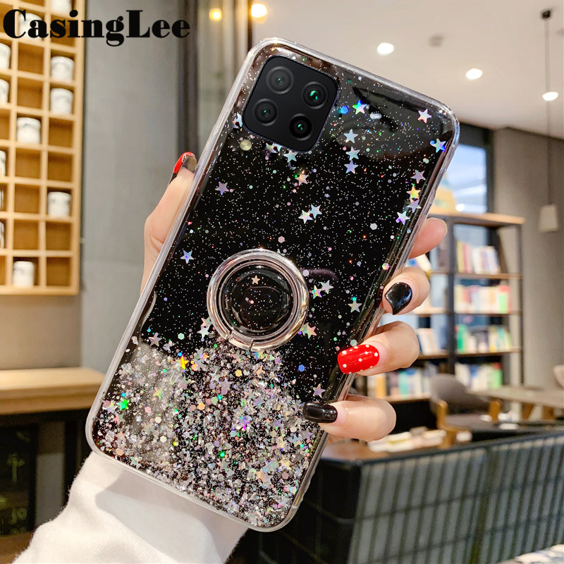 Casinglee for Samsung Galaxy M33 5G case Shiny Ring Glitter Soft Transparent Holder Stand Back cover with String for Samsung M33 5G Phone cases cover Stars Moon Girls. 