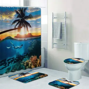1 3 4 Pieces Custom Sunset Scenery Ocean Diving Scenery Bathroom Shower Curtain Waterproof Shower Curtain Non-Slip Shower Curtain Bath Mat Toilet Seat Cover Floor Mat Bathroom Decor
