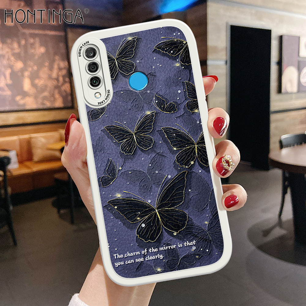Hontinga for Huawei P30 Lite Nova 4E Back Cover PU Leather Black Butterfly Case Soft Silicone Edge Phone Cases