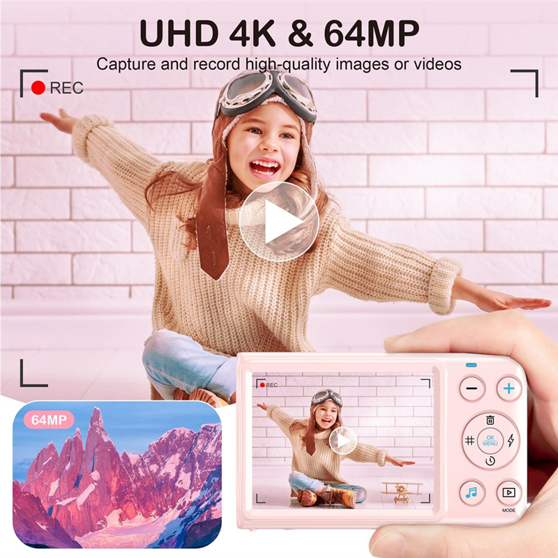 Digital Camera, 4K Children Camera for Photography, 64MP MP3 Player Camera, 2.8Inch IPS Screen, Auto Focus Easy Install Easy to Use (Pink). 