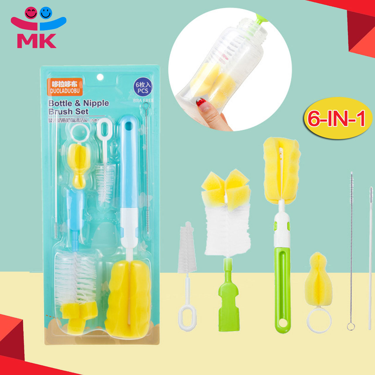 6-in-1 Cleaning Brush for Feeder Pacifier Bottle Brush Cleaner Set Sponge Cleaning Brush Set for Cups Sports Bottle Baby Bottle and More