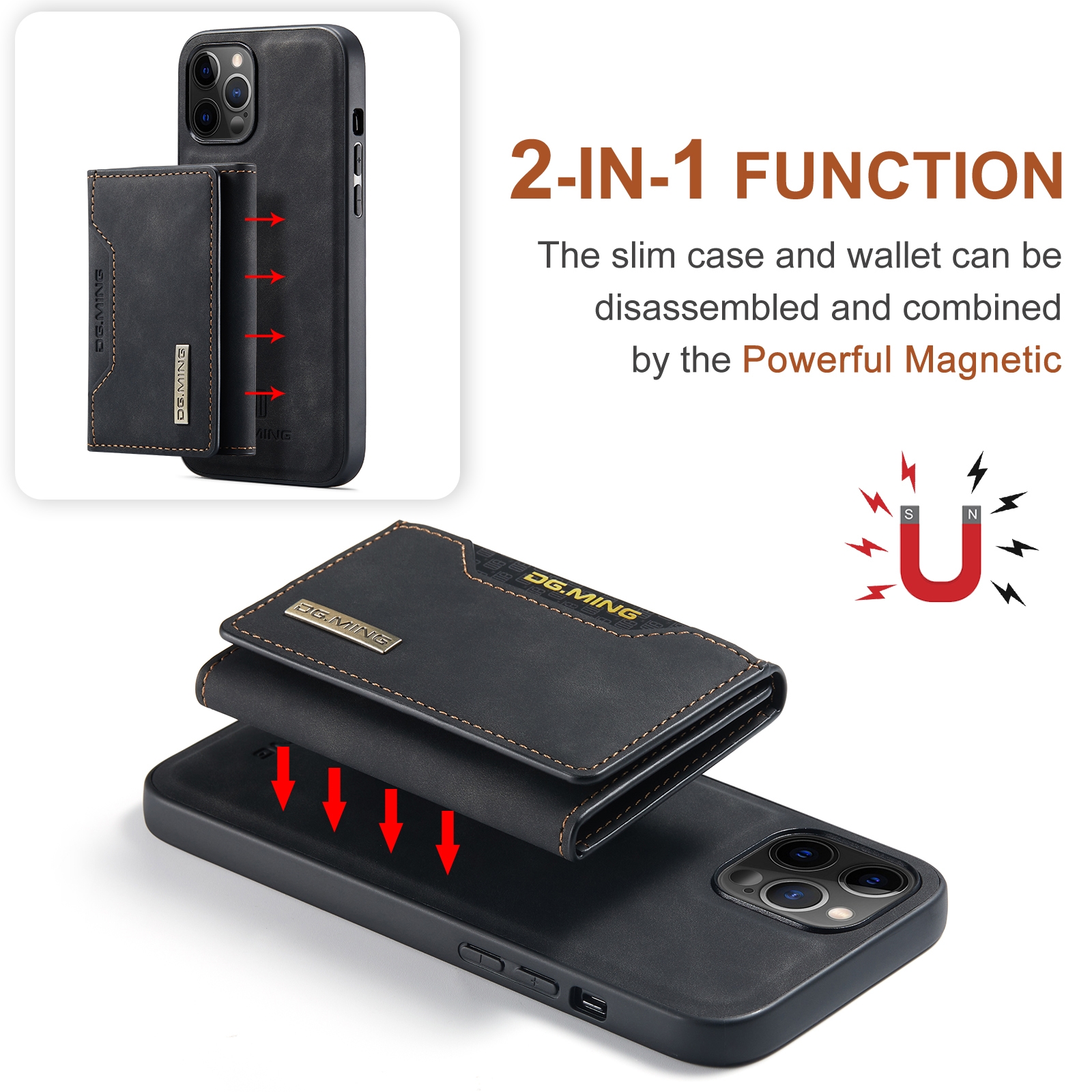 DG.MING M2 Series 3-Fold Multi Card Bag + Magnetic Back Cover Shockproof Case with Wallet & Holder Function For iPhone 12 Pro Max. 