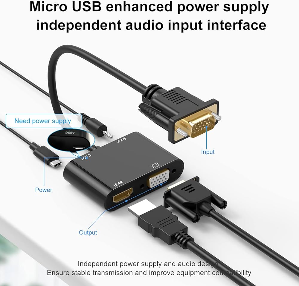 VGA to HDMI VGA Adapter, Gold Plated Dual Display Converter Splitter (1 in 2 Out ) with 3.5mm Jack Audio Cable and Charging Cable for Computer, Monitor, TV and More, Black. 