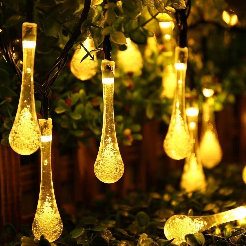 Solar Festoon LED Outdoor String Lights LED Teardrop Lights Waterproof 8 Modes Multicolor Water String Lights for Gardens Party--WARM WHITE--12M-100LED. 