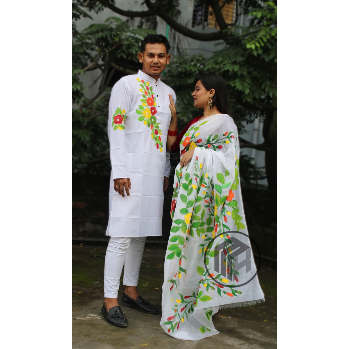 New Exclusive Designer Half Silk Hand Print Saree And Dhupian Panjabi For Combo Couple Dress