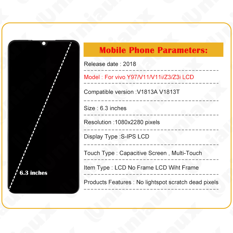 6.3 Original LCD For VIVO Y97 Y97A V11 V11i Display Touch Screen With Frame Assembly Replacement For V1813A V1813T 100% Tested. 