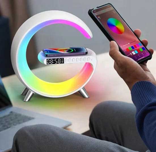 Doomhot G63 4 In 1 Bluetooth Speaker 10W Multifunctional Wireless Charger LED Atmosphere RGB Night Light Alarm Clock Desk Lamp Bluetooth Speaker  Wireless Charging Modern Speaker. 