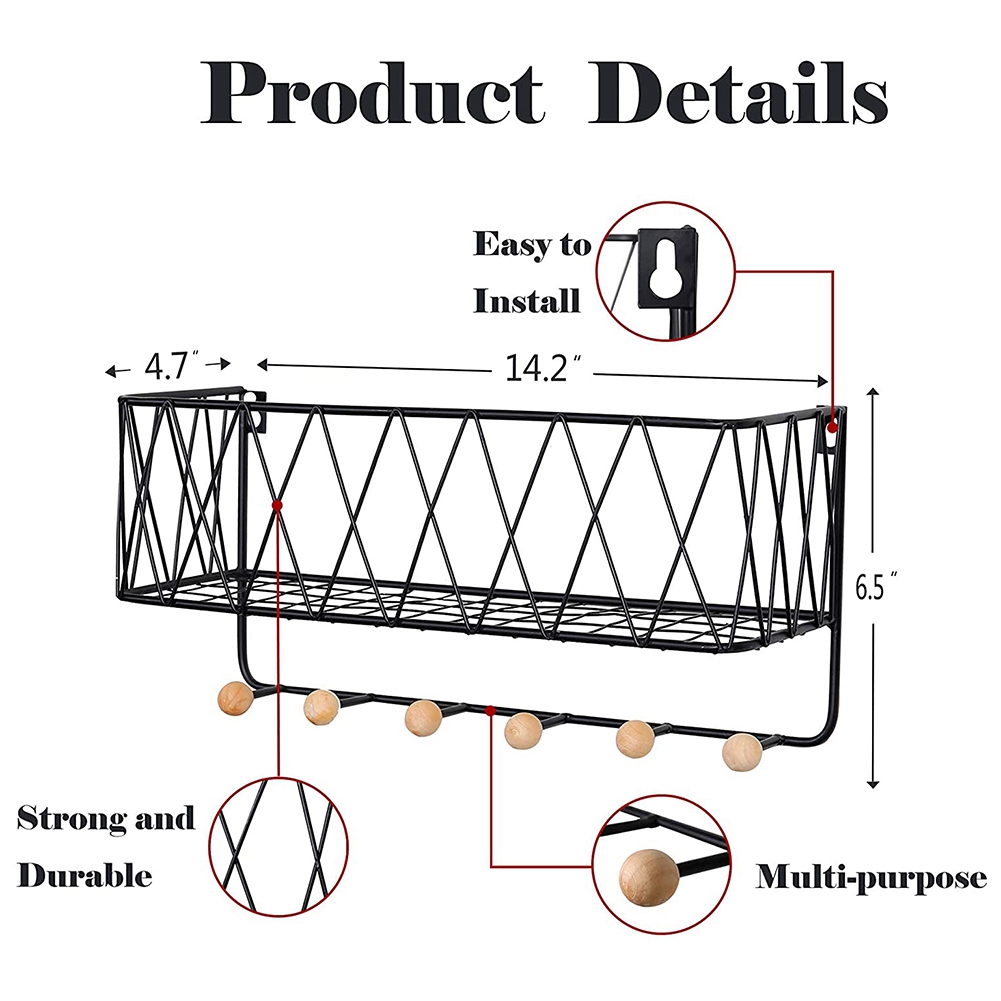 Wall-Mounted Mail Holder with 6 Key Hooks, Wire Mesh Storage Basket. 