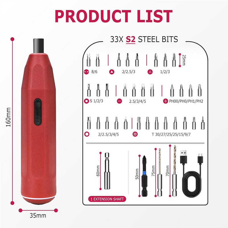 Electric Screwdriver,3.6V Cordless Power Screwdriver,Cordless Drill,32-In-1 S2-Steel Bits,Max 8 M,1500 MAh 800 Times. 