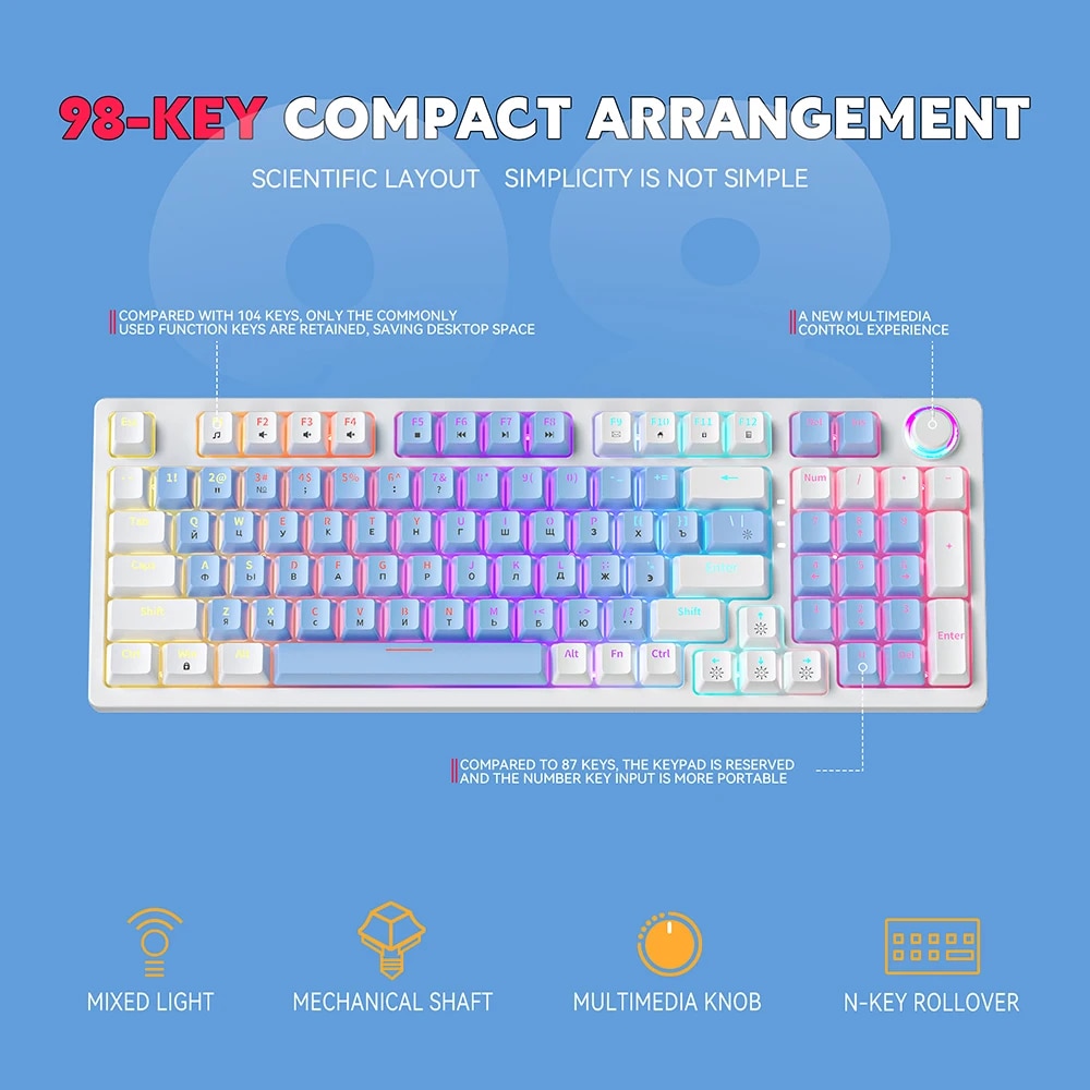 ZA981 Wired Gaming Mechanical Keyboard Russian/English Backlight Gamer Keyboard 98 Keys Knob light control Type-C Hot-swap. 