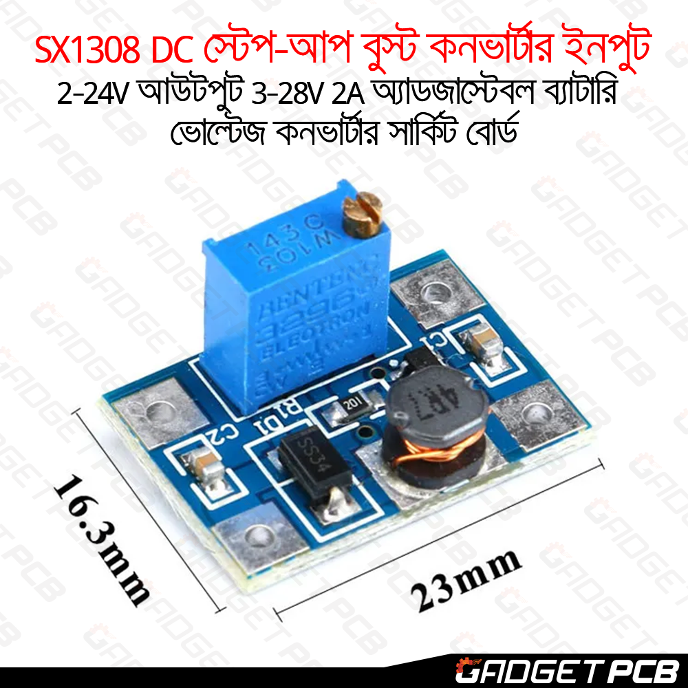 SX1308 DC-DC Step-up Boost Converter Module Input 2-24V Output 3-28V 2A Adjustable potentiometer battery Voltage Converter Circuit Board. 