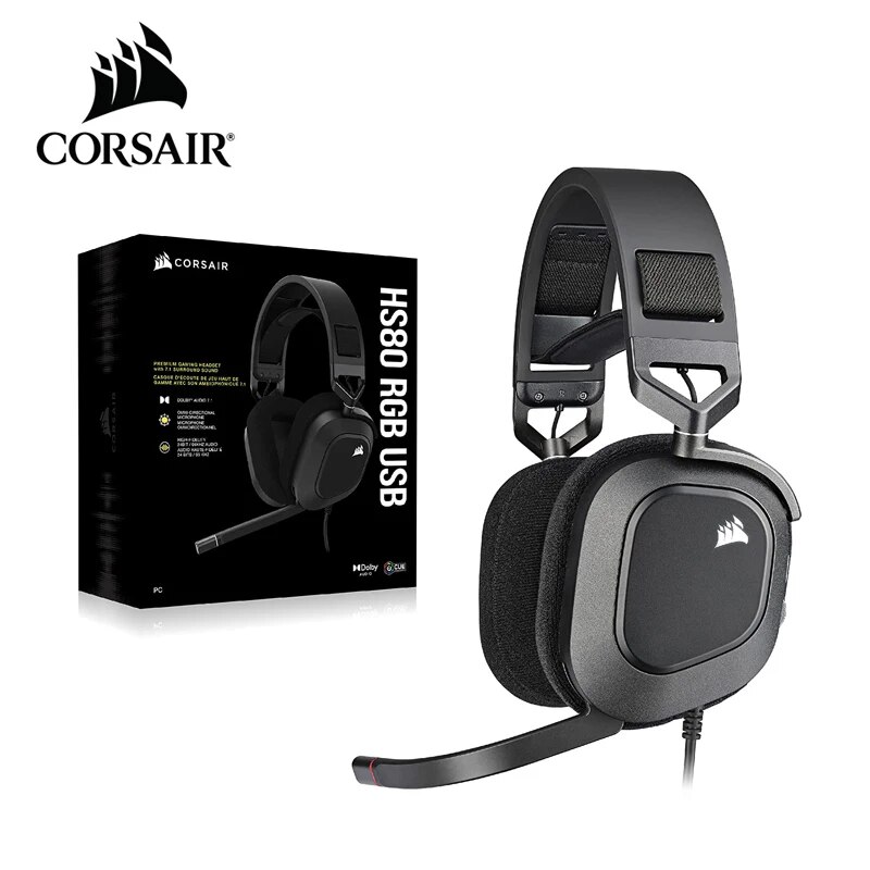 Corsair HS80 RGB USB Premium Gaming Headset with Dolby Audio 7.1 Surround Sound Broadcast-Grade Omni-Directional Microphone. 