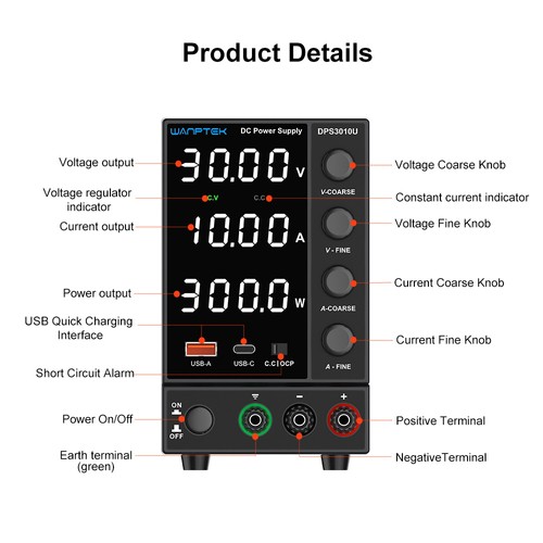 WANPTEK DPS3010U Solid-state Adjustable Regulated DC Power Supply, 30V 10A, Encoder Adjustment, USB Type-C Fast Charge, 4-Digit Display, Low Ripple, Low Noise, Cooling Fan Black - UK Plug. 
