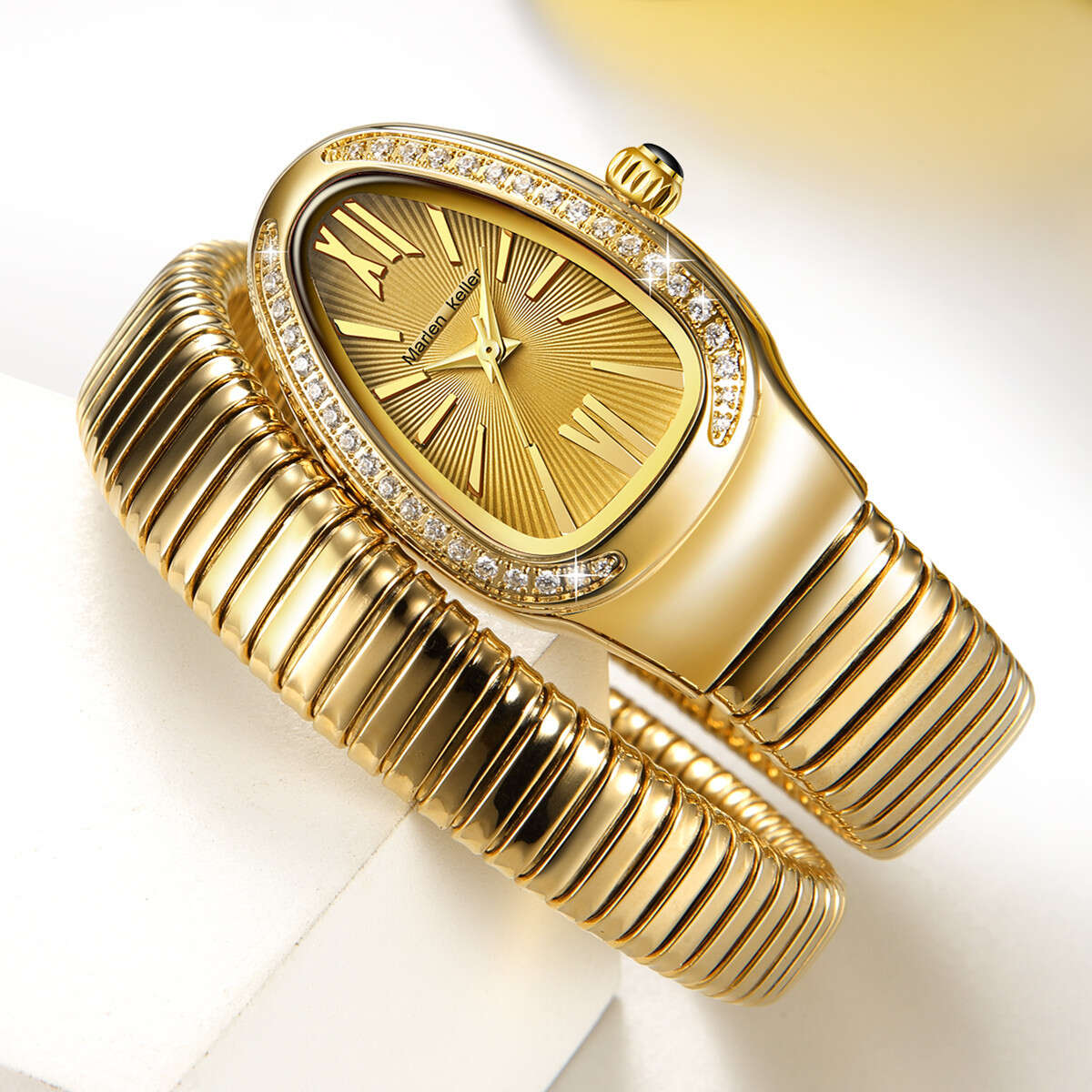 Marlene Keller (One and a Half Circles) New IP Electroplated English Inlaid Women's Snake Watch. 