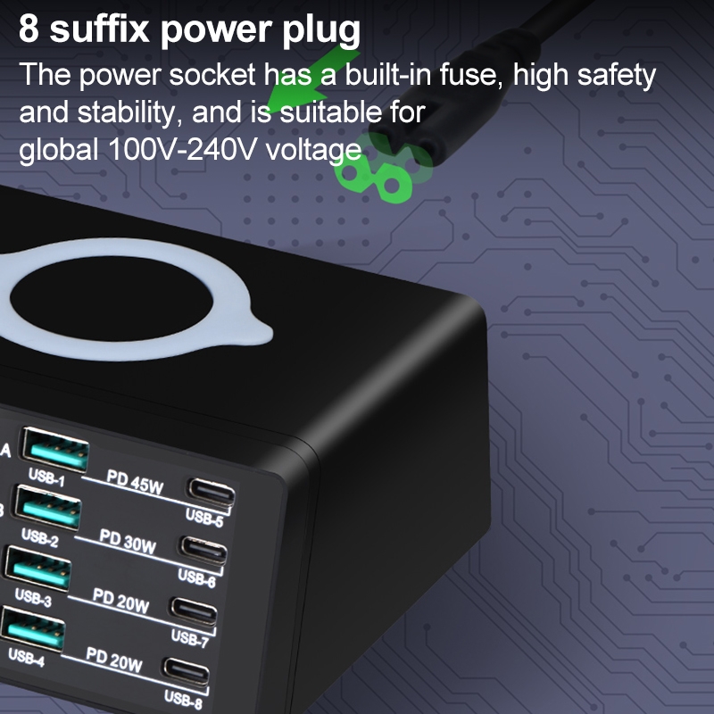 X9D 110W Multi-ports Smart Charger Station + Wireless Charger AC100-240V, US Plug. 
