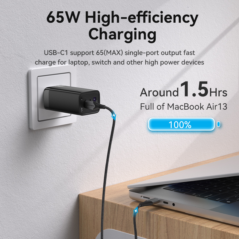 Vention 65W GaN 3 Port USB Type C Fast Charger Quick Charge 4.0 3.0 Type C PD USB Charger for iPhone 15 14 13 Pro Max Samsung S23 S22. 