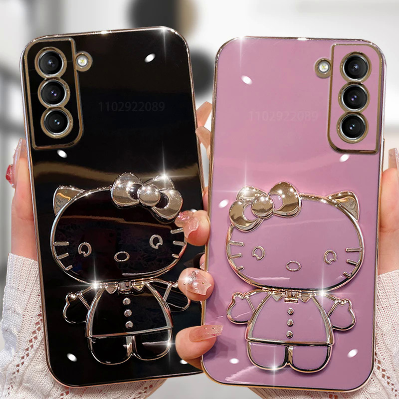 Plating Hello Kitty Phone Case for Samsung Galaxy S23 S22 Ultra S21 S20 FE S10 S9 S8 Note 20 9 8 Plus 10 Lite Mirror Rack Cover PCardiaCP