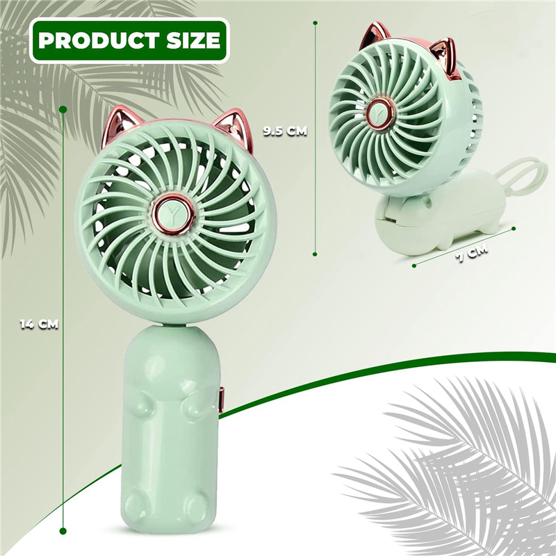 1 PCS Portable Hand Held Fan Mini Fan Foldable Small Fan with Cat Ears with USB Rechargeable Battery (Green). 