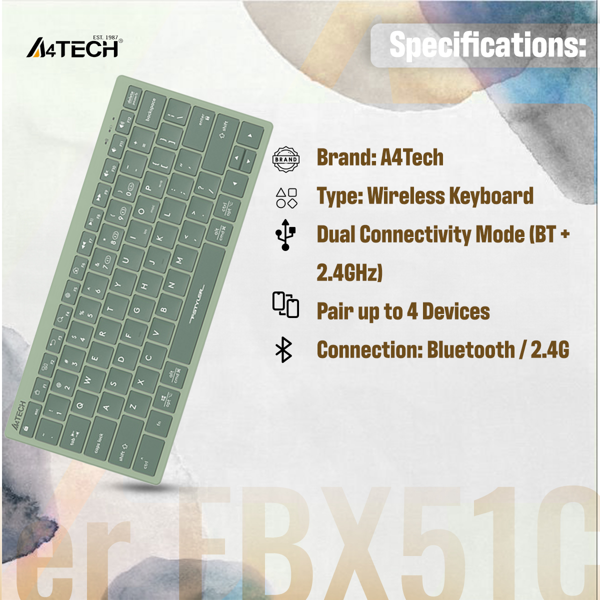 A4TECH Fstyler FBX51C Multimode Rechargeable Mini Wireless Keyboard - Dual Connectivity (Bluetooth + 2.4GHz) - Rechargeable Design - Chocolate Keycaps - For Windows / Mac / iOS / Chrome / Android / Harmony OS. - Grey/Matcha Green. 