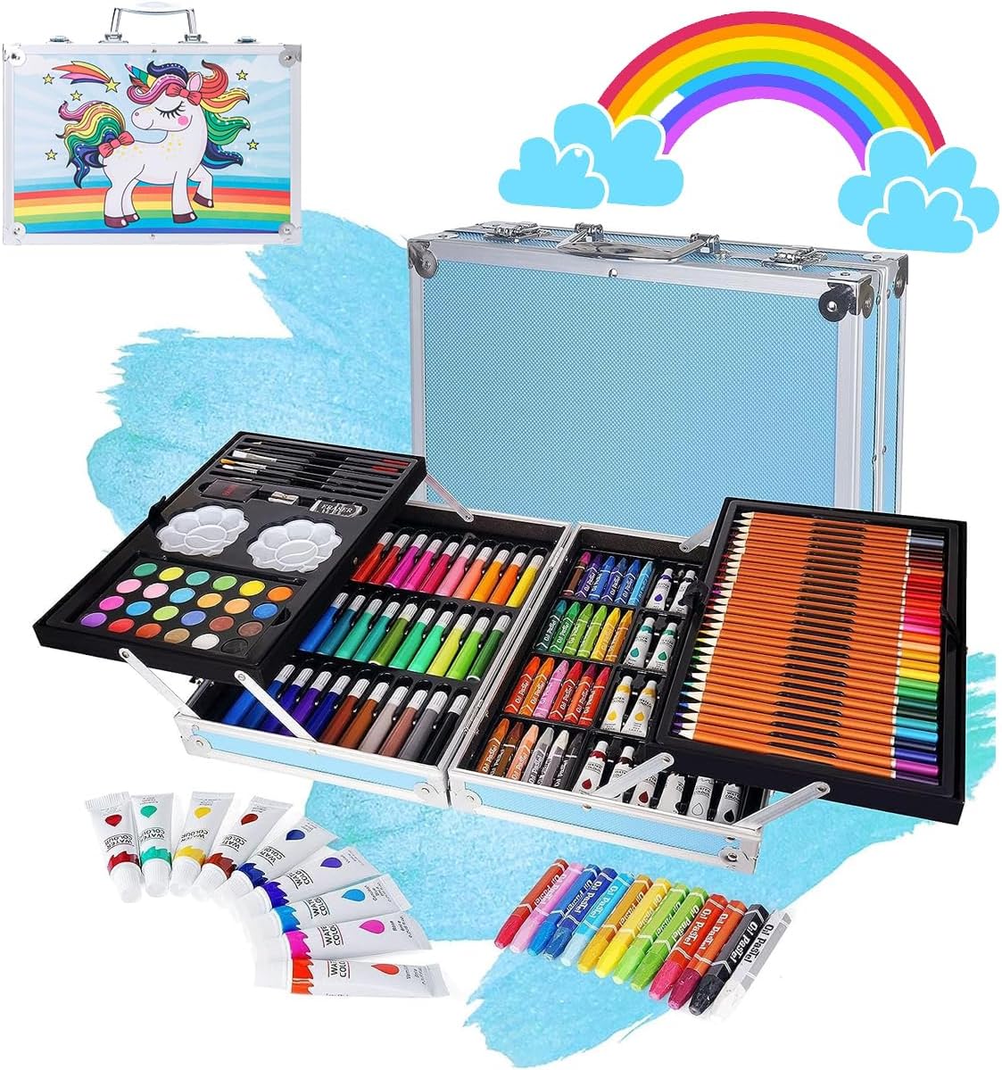 Conjoin Unicorn Colour Suitcase Set Deluxe Art Set Box with Crayons, Oil Pastels,Colored Pencil with 145 Pcs Art Coloring Kit for Professional Drawing.. 