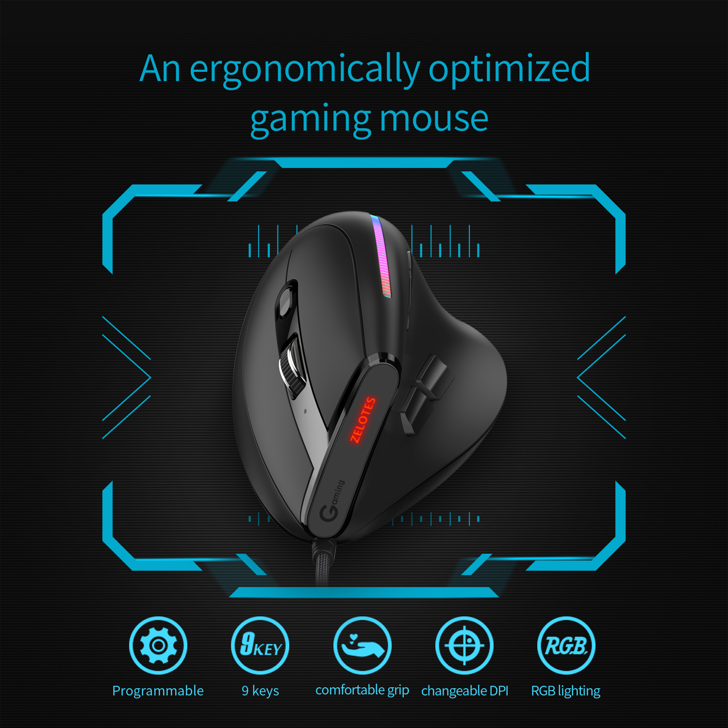 Laptop 800 DP Wired Gaming Mouse JOMAA RGB Vertical Ergonomic Mouse 9 Button Programmable 12I Mouse for Gaming PC. 