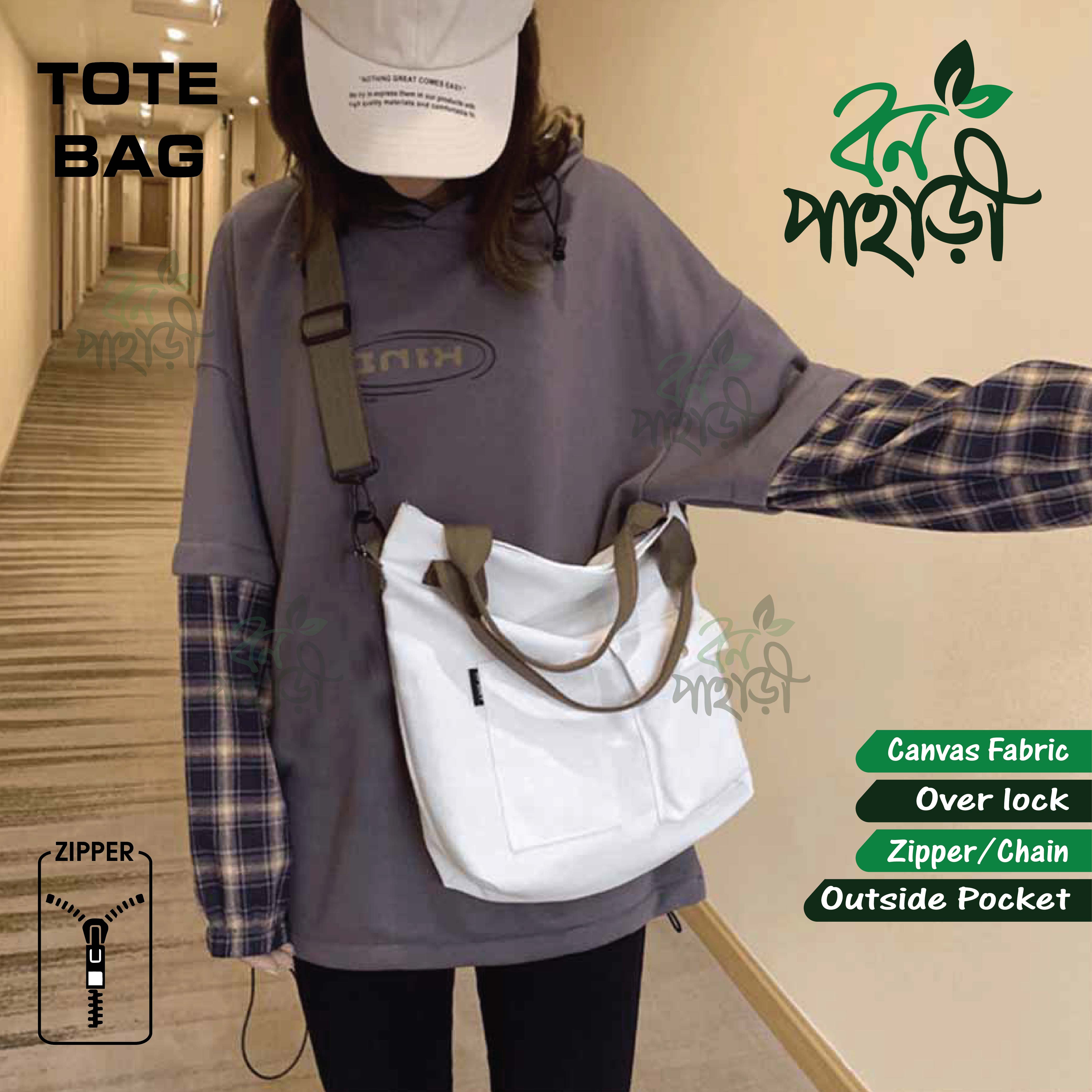 Trendy Top Handle Adjustable Long Strap With 2 Outside Pocket Black Tote Canvas Bag/Fashionable Bag/College/ University Bag, Tote Bag, Canvas Bag with Zipper. 