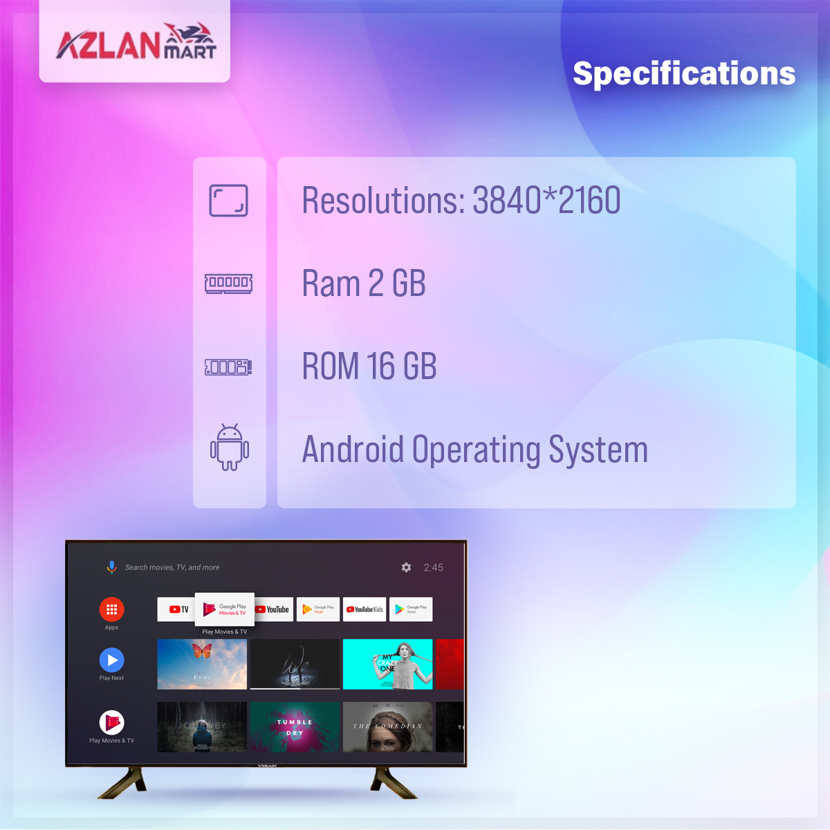 Vikan 55 Inch Android Smart WiFi Voice Control 4k UHD Led Tv Ram 2 gb Rom 16 gb. 