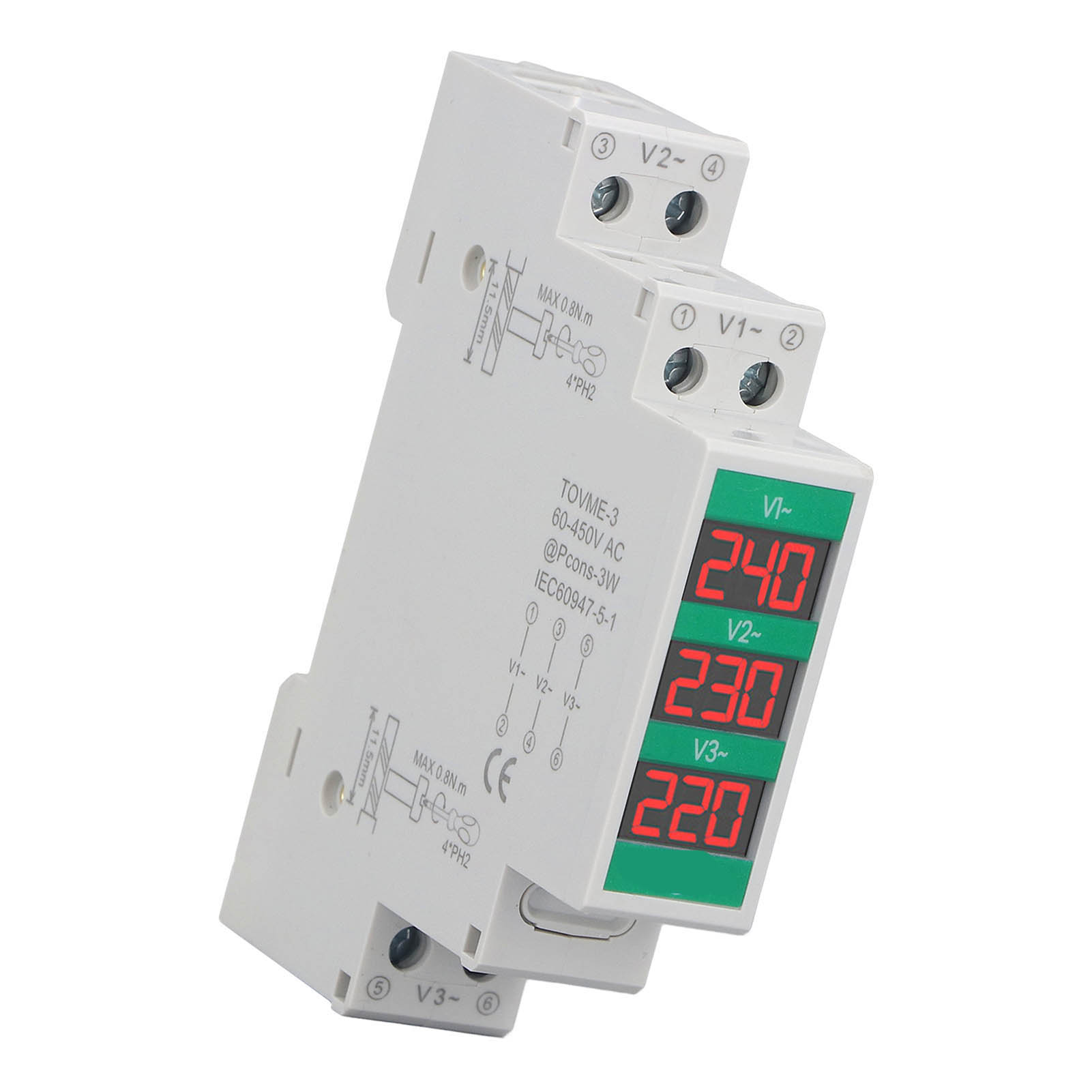 3 Phase AC Voltmeter Din Rail Mount LCD Digital Display Voltage Meter Electric Power Meter 60-450V 1pcs. 