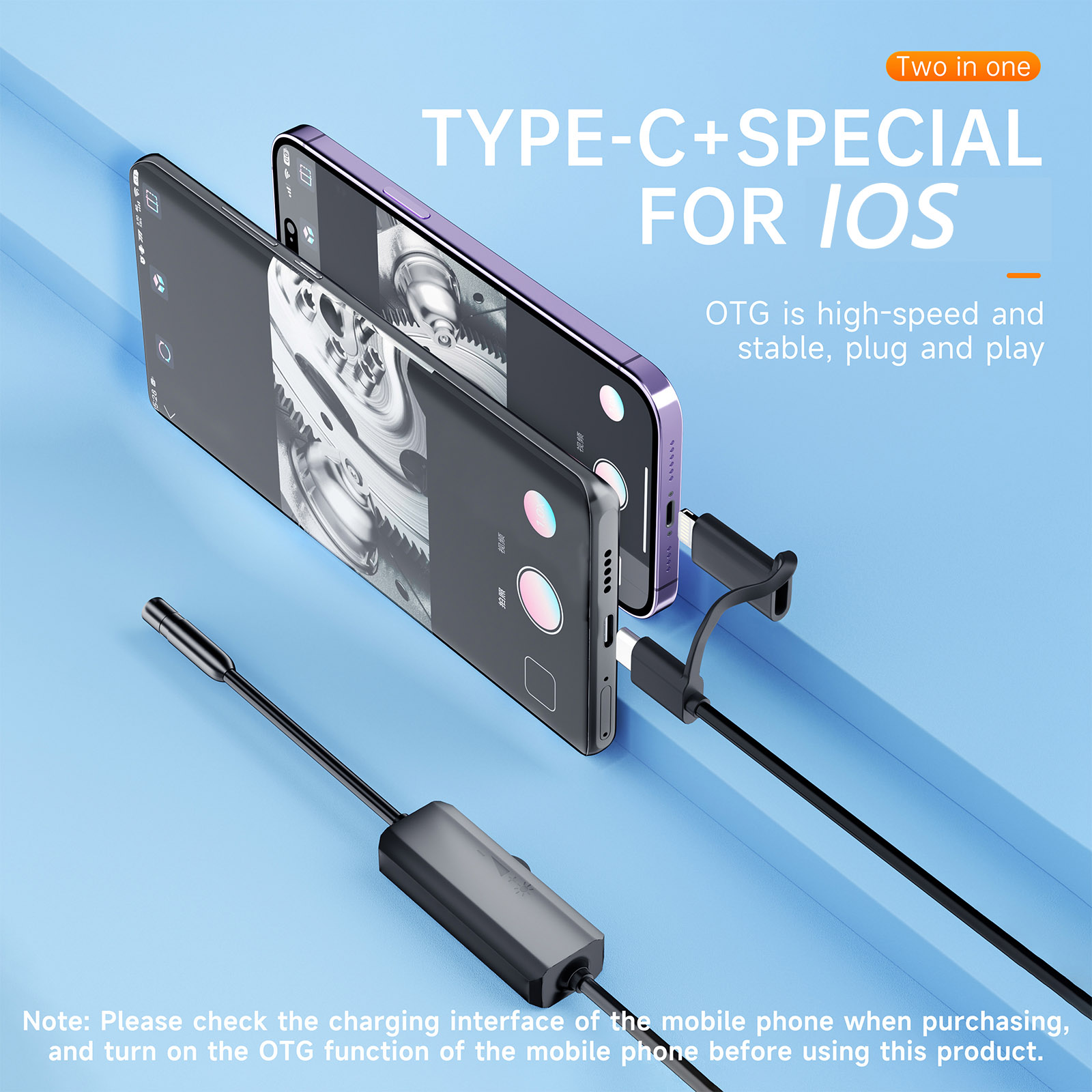 Android Endoscope Inspection Camera 2 in 1 IOS Type-C Mini Inspection Camera for IOS iphone Waterproof Pipeline Borescope. 