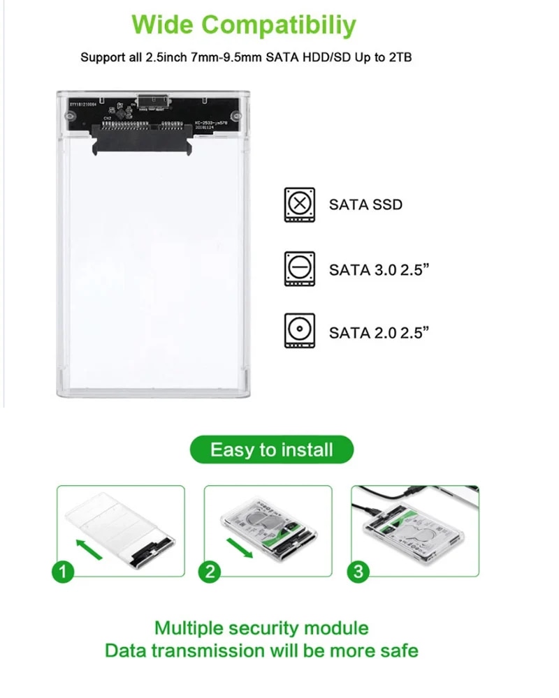 USB TYPE-C 3.1/3.0/2.0 HDD Enclosure 2.5inch Serial Port SATA SSD Hard Drive Case Support 6TB transparent Mobile External HDD. 