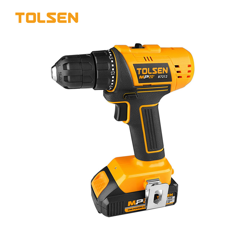 TOLSEN 20V LI-ION Cordless Drill 10mm chuck, Include: 2 Battery, 1pcs Charger & Tool Bag (All in One 20V Battery)  Model: 87212. 
