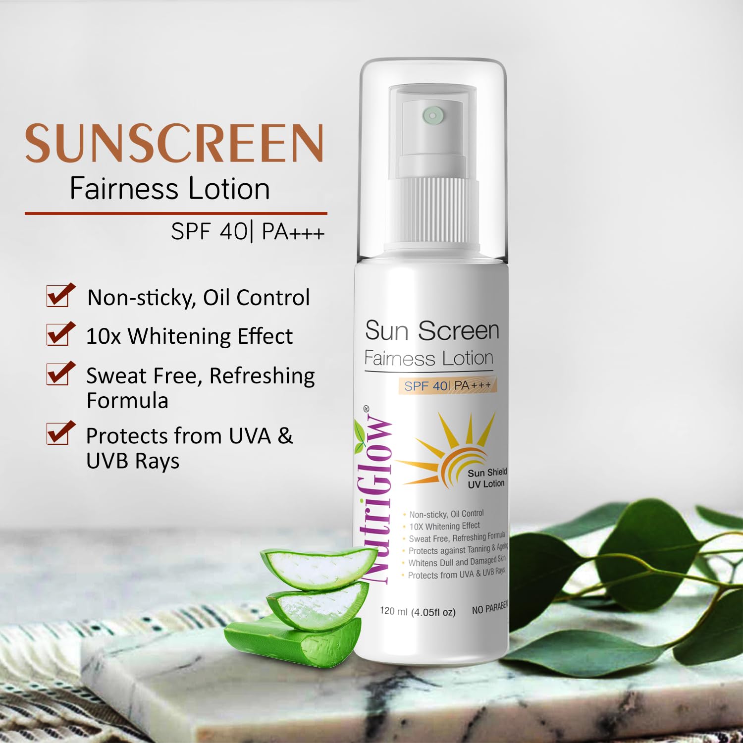 NutriGlow Sunscreen Lotion SPF 40 & PA+++, Non-Greasy, with Broad Spectrum, UV A & UV B Blue Light Protection, for Men & Women Suitable for Oily, Dry, Sensitive & Combination Skin, Sulpahate Free, 120ml. 