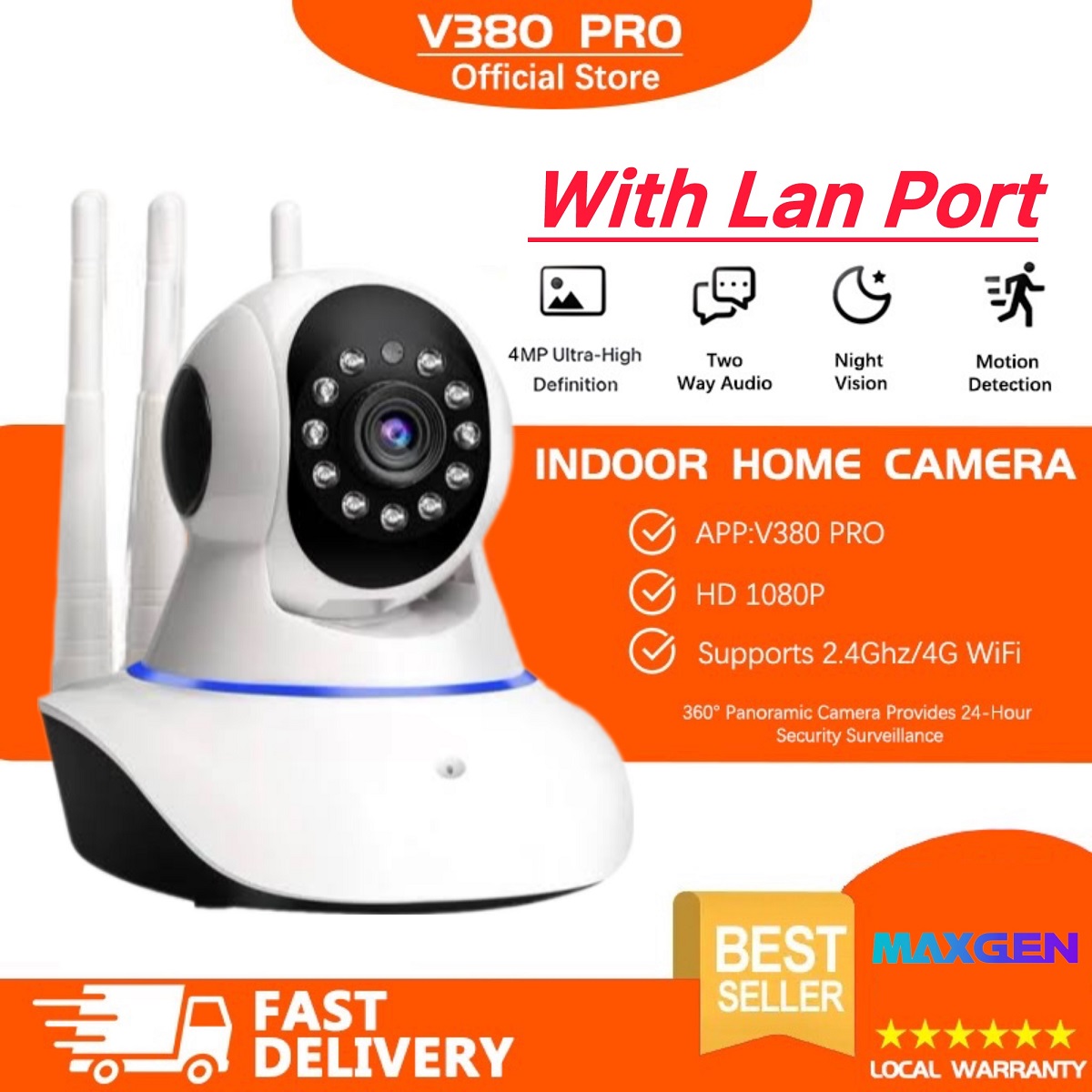 V380 PRO Q5 2MP HD 1080P WIFI IP Camera Night Vision 2 Way Audio 360 Degree Robotic 3 Antenna Camera With Land Port