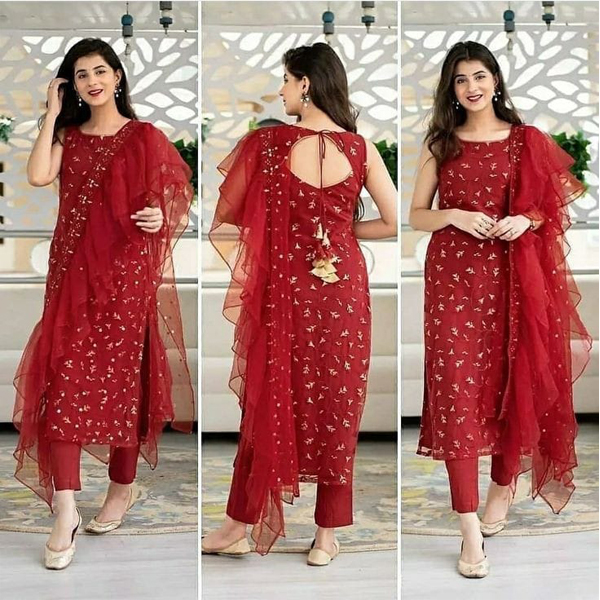 Red Semi-stitched Georgette Embroidery Work Free Size Exclusive Designer Sharara Suit Party Wear Suits for Women. 