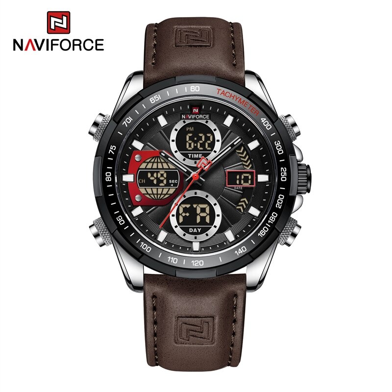 NAVIFORCE 9197 Top Brand Luxury PU Leather Casual Men Watch Digital Military Sport Wrist watch For Men -Silver Black & Red