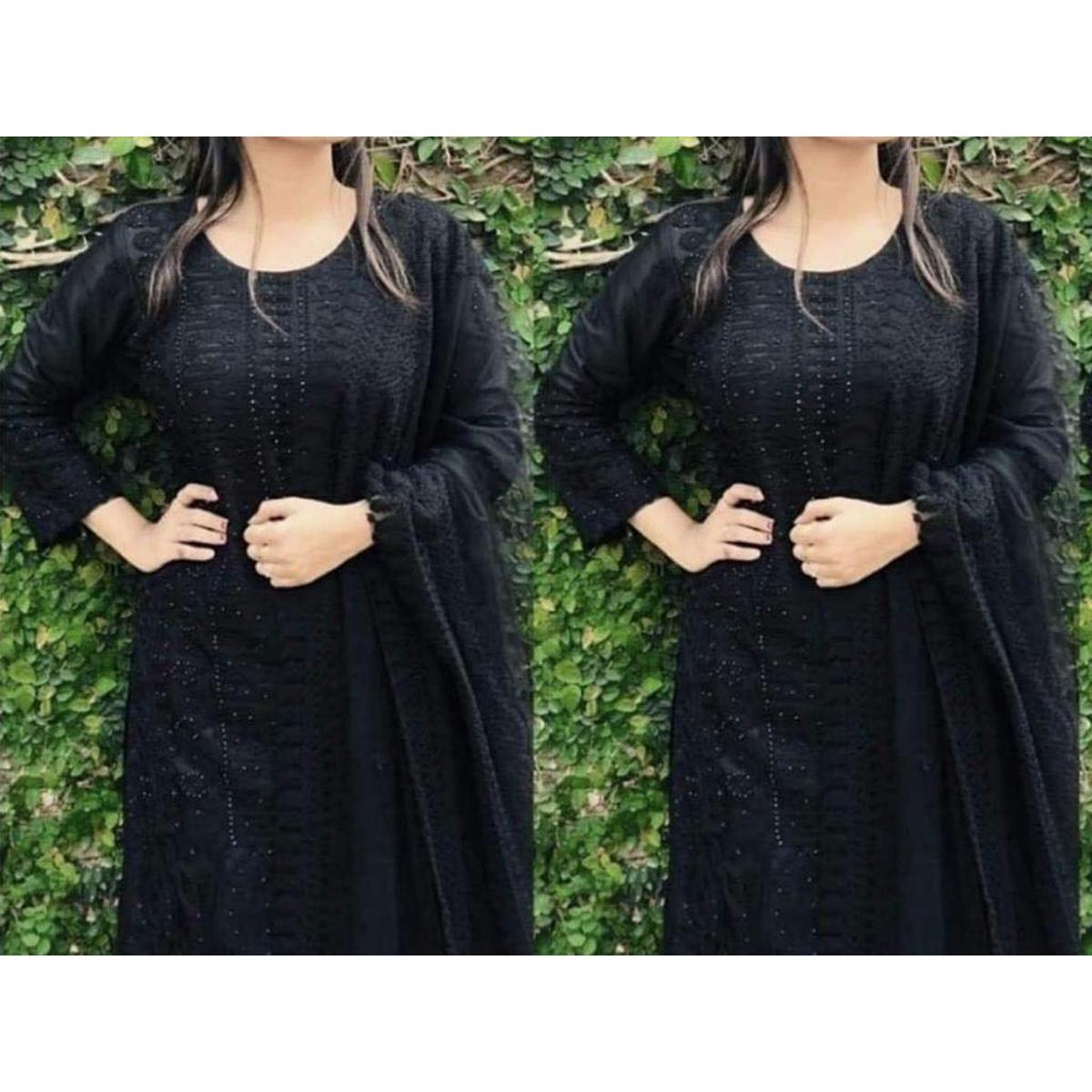 Indian Weightless Georgette Embroidered in Black Color- Three-Piece Shalwar Kameez Set for WomenSuitable for All Season and Occasion