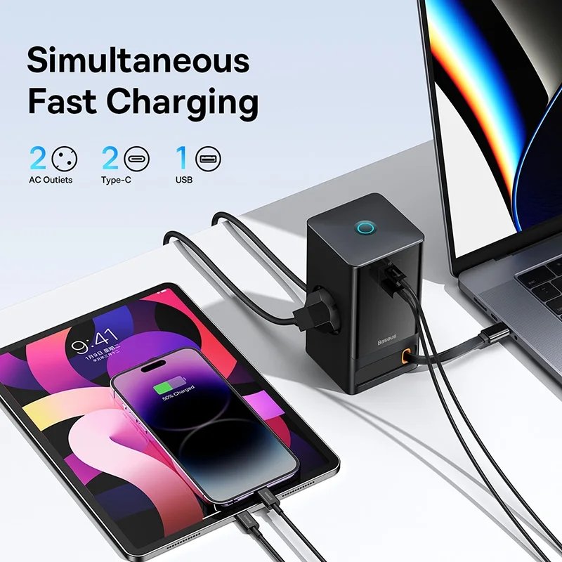 Baseus GaN Charger Gan5 Pro Power Combo Digital Power Strip 3AC 1U 1C Retractable-C 65W with 1.5m power cord CN Black. 