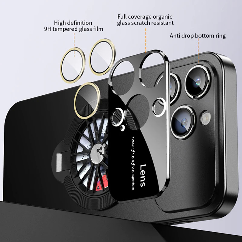 【Buried Buzie】Gyroscope Magnetic Stand Phone Case For iPhone 11 12 13 14 15 Pro Max Plus Lens Protection Frosted PC Rotatable Gyro Cover Funda. 