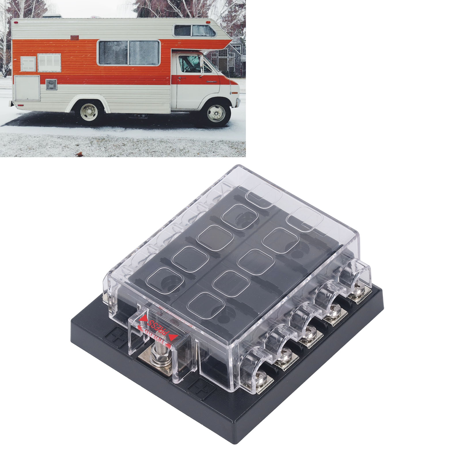 Automotive Fuse Box, 12-36VDC Flame Retardant ABS 10 Way Fuse Block with Sticker Labels for Medium Insert Fuses. 